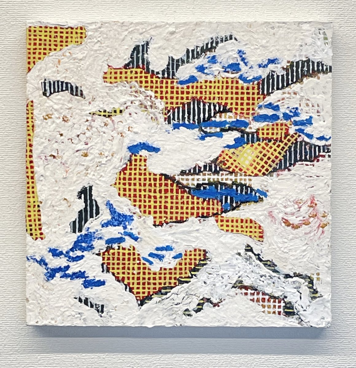 Painting W7726, mixed media on panel. Optional framing: solid oak frame, handcrafted by a master artisan, 27 × 27 cm. – artwork by Dominique Lutringer
