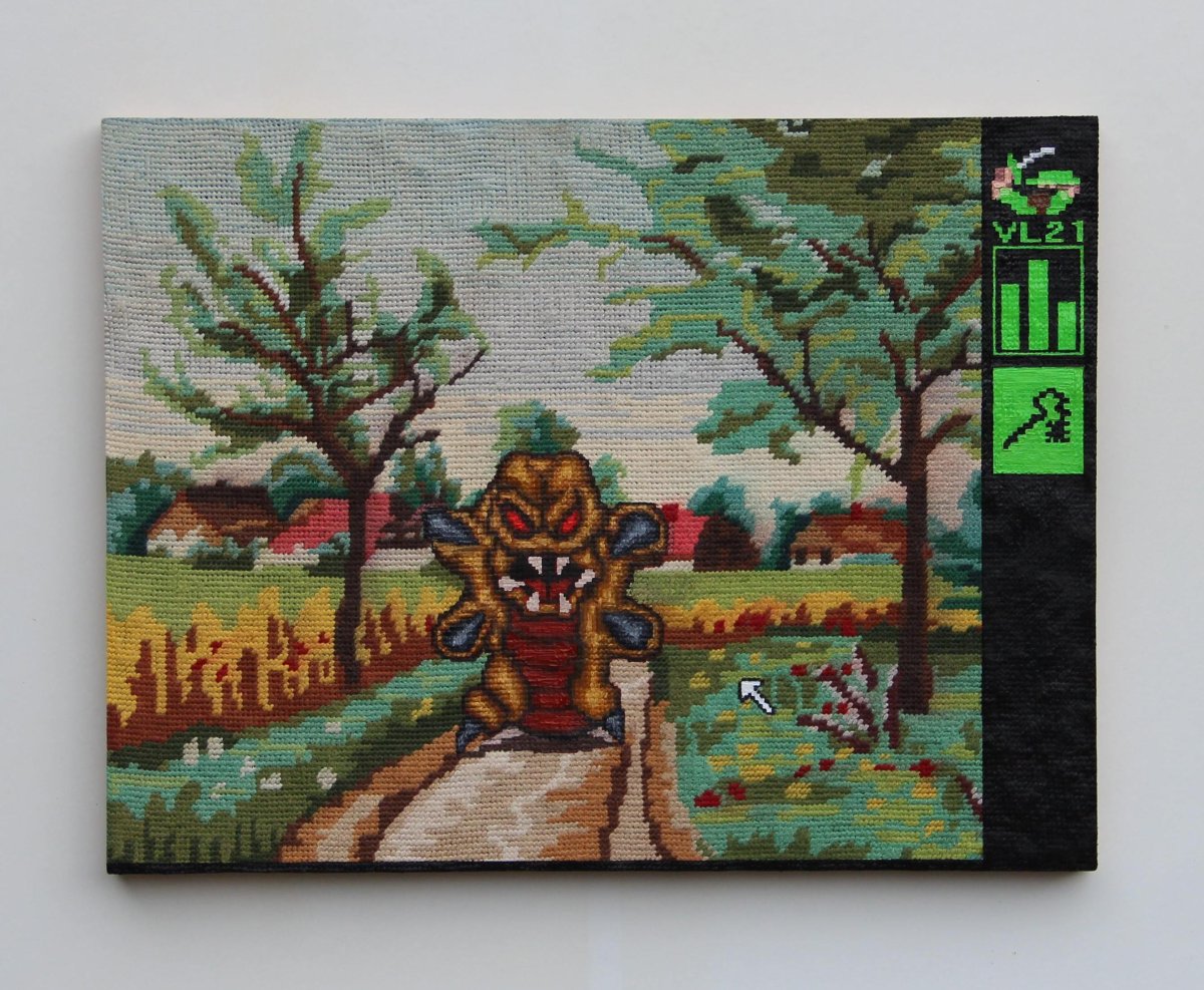 Field crawler (olej na vyšívaném obraze, 35,2 x 46,3 cm, 2021) - artwork by Vojtěch Luksch