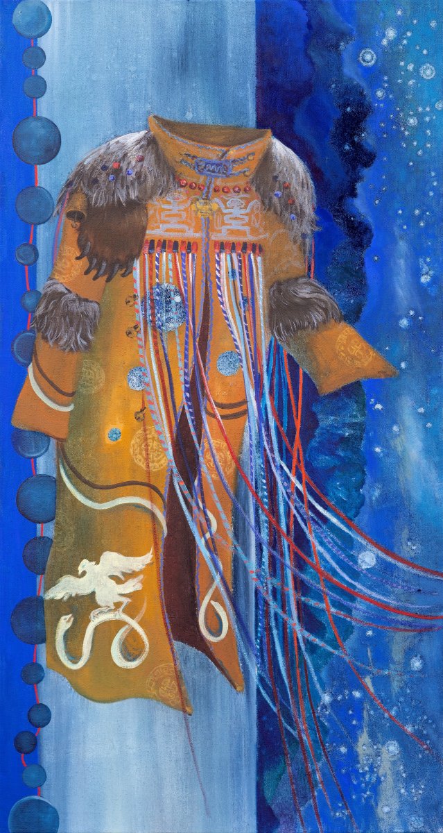 Siberian shaman's cloak, oil and pigments on canvas, 160x85 cm, 2025 - artwork by Hana Krupa