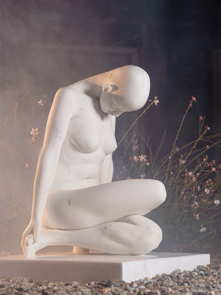 The Virtue of Virtues, 2013, carrara marble life size + pedestal 150 mm, private investor, Beskydy area - artwork by David Moješčík MojDa
