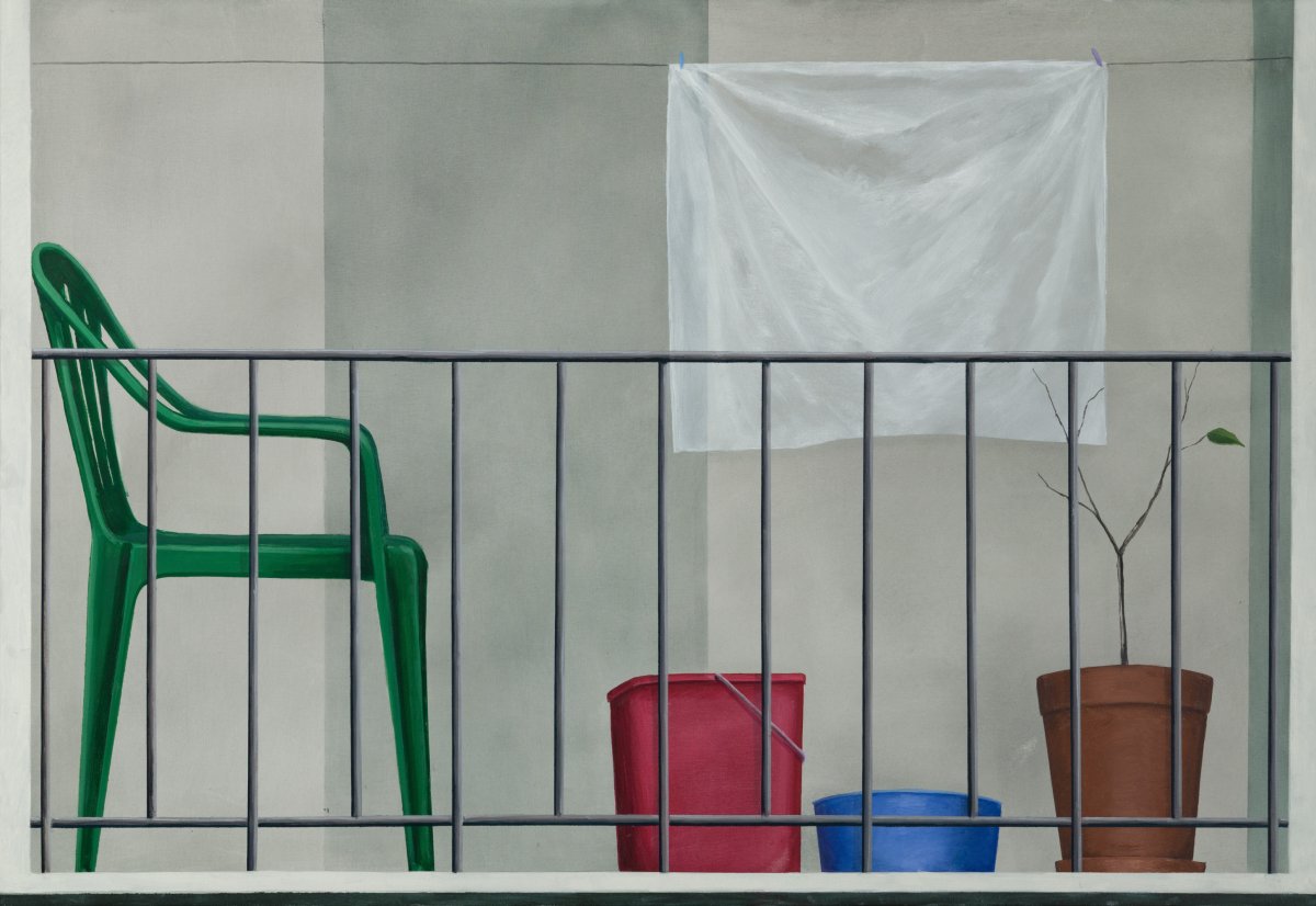 Como en una jaulita, acrílico y óleo sobre lienzo, 130 × 90 cm, 2026 - obra de Renata Jelínková