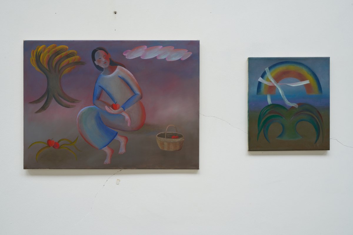 Sklizeň, olej na plátně, 60 × 80 cm, 2026 a Na duze, olej na plátně, 50 × 40 cm, 2026 - artwork by Bára Gehringerová