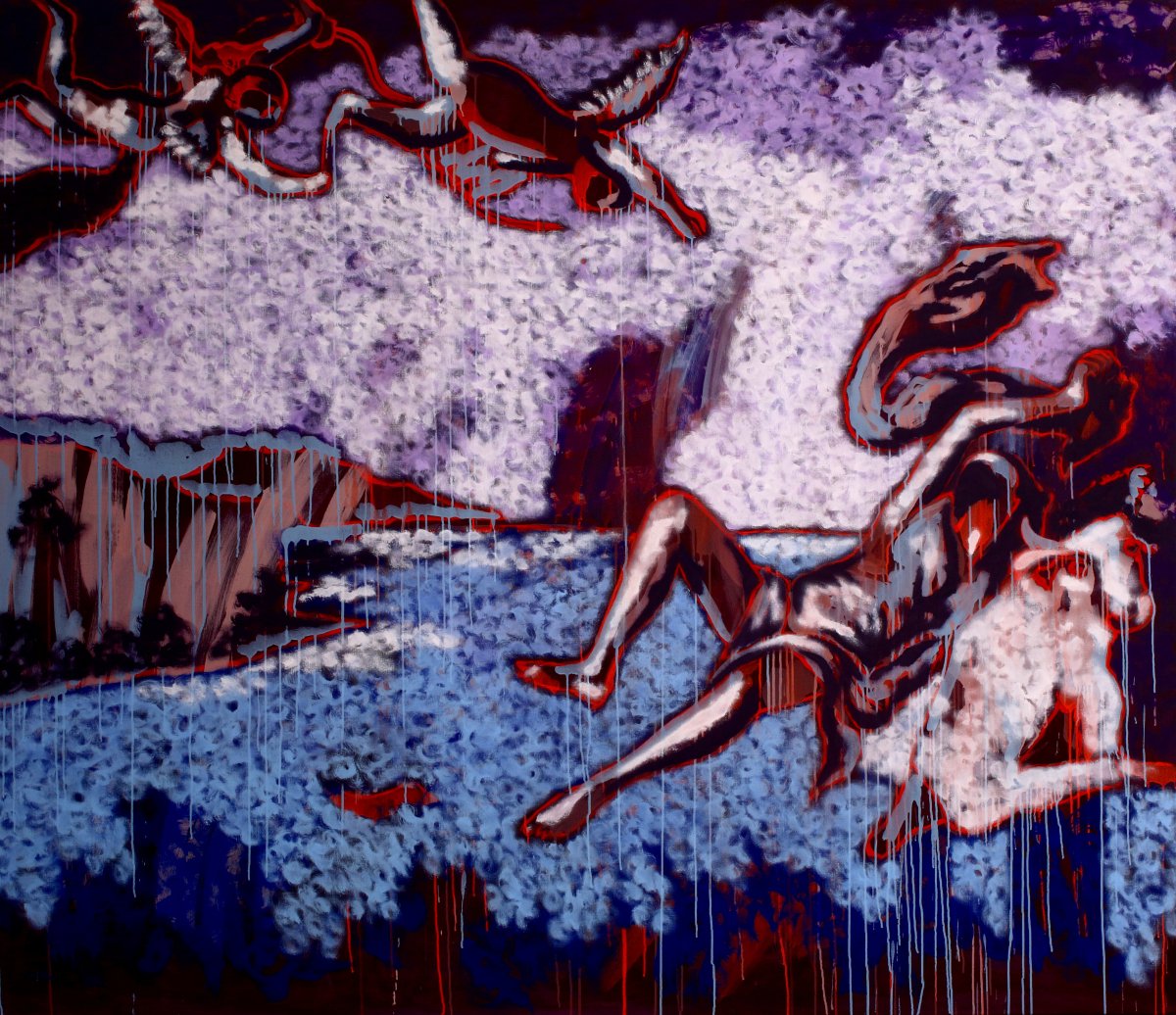 Únos Európy podle Tiziana, akryl na plátně, 190 × 220 cm, 2025 - artwork by Simona Ticháčková