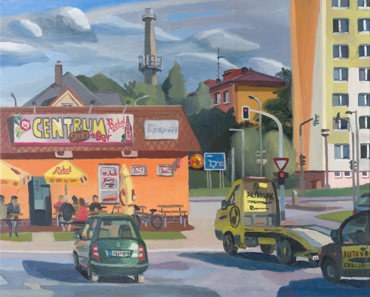 Hospoda na sídlišti - společně s Michaelou Novákovou, olej na plátně, 100 x 80 cm, 2023 - artwork by Jakub Dvořák